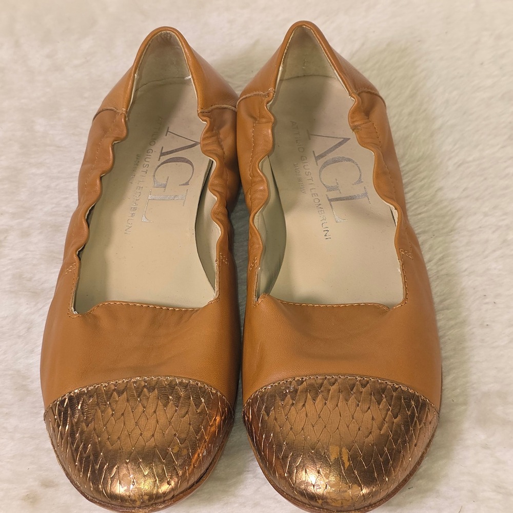 AGL Attilio Giusti Leombruni Leather Cap Toe Ballet Flats Tan Copper Women 38 7